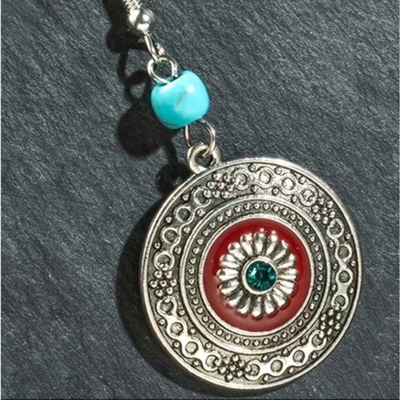 Boho Western Chic Dangle Drop Earrings Pierced Antique Silver Red Turquoise - Picture 6 of 16